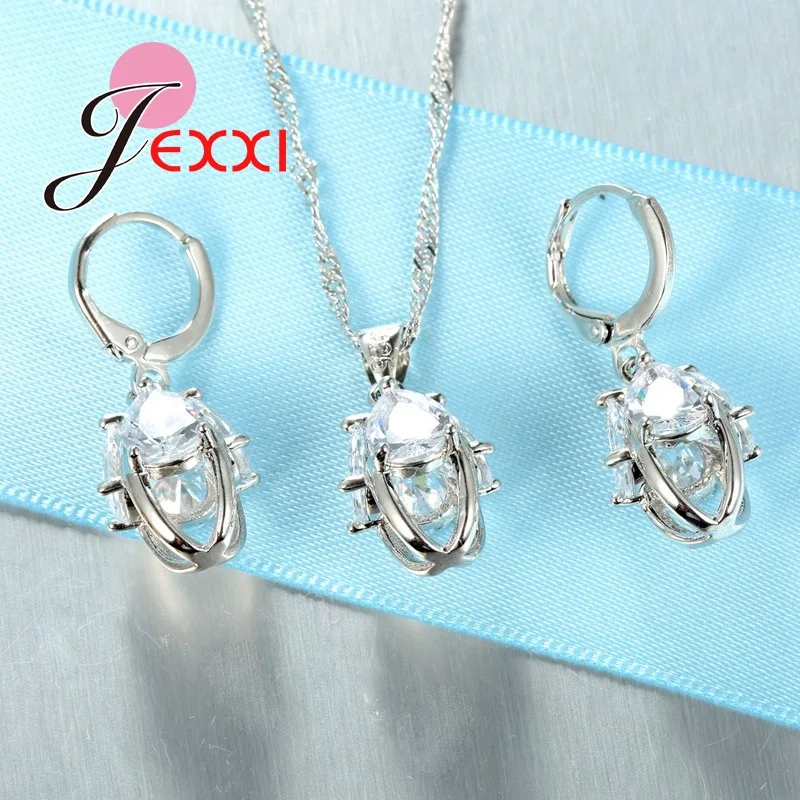 Wedding Jewelry Sets 925 Sterling Silver Cubic Zirconia Three-dimensional Hollow Oval with 4pcs Waterdrop Necklace Earring
