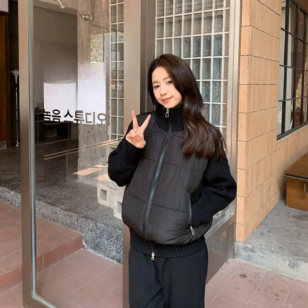 Korean Style Women's Short Knitted Zipper Cotton Jacket Stand Collar Autumn Winter Outerwear New Arrival