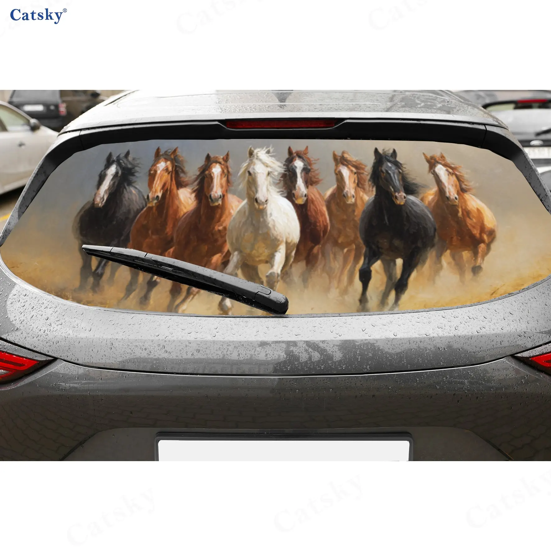 

Galloping Horse Herd Desert Adventure ПВХ перфорированные автомобильные виниловые обертки, прочная наклейка на заднее лобовое стекло автомобиля, водонепроницаемая задняя часть автомобиля W