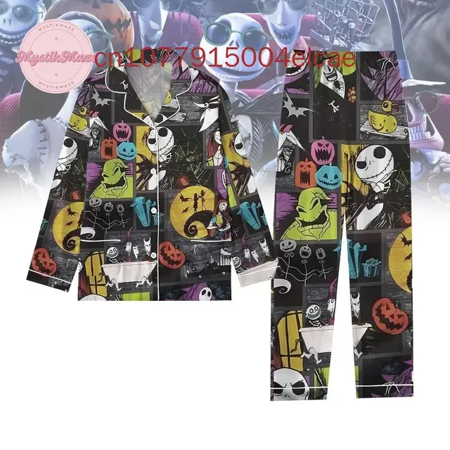 Conjunto de pijama de Disney Jack Skellington, pesadilla antes de Navidad, conjunto de pijama informal con estampado 3D de camisa de manga larga para hombre y mujer