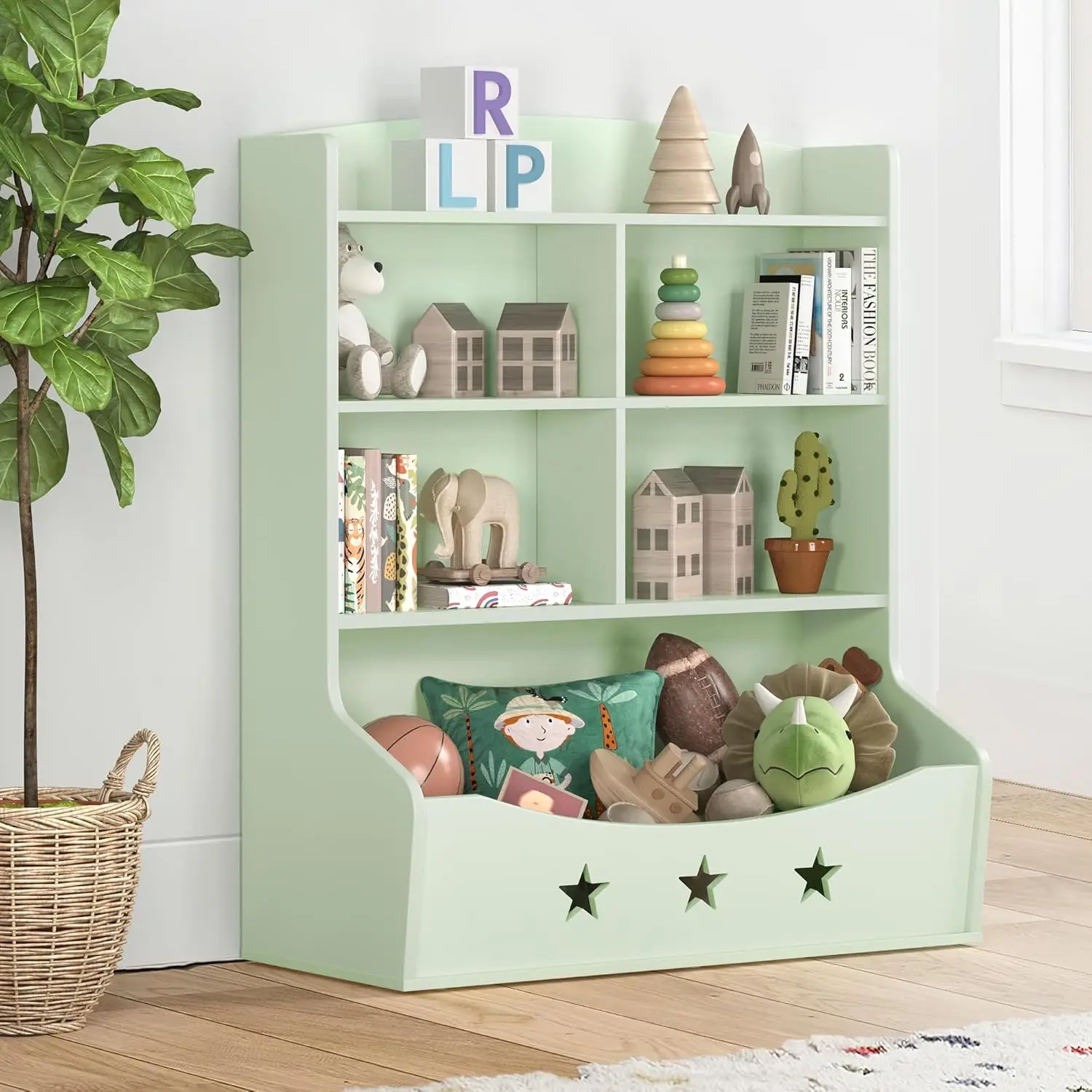 

Three-and-a-Half Tier Wooden Bookcase, Bookshelf for Playing Room, Nursery, Bedroom, Toy Storage Cabinet with 5 Cube Units