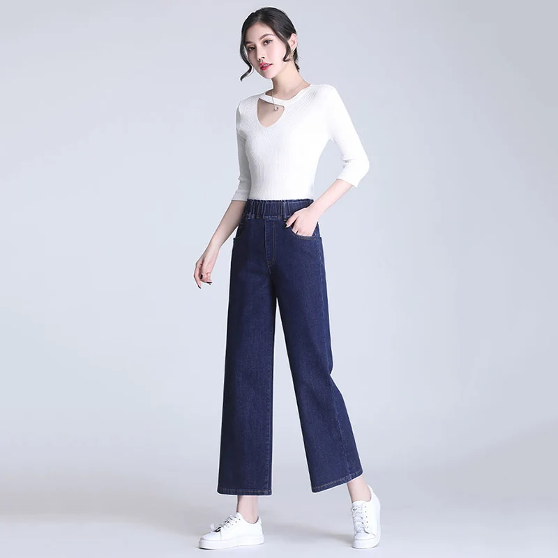 Spring Summer New Thin Denim Baggy Jeans Women Ankle Length Stretch High Waist Wide Legs Casual Nine Points Denim Pants