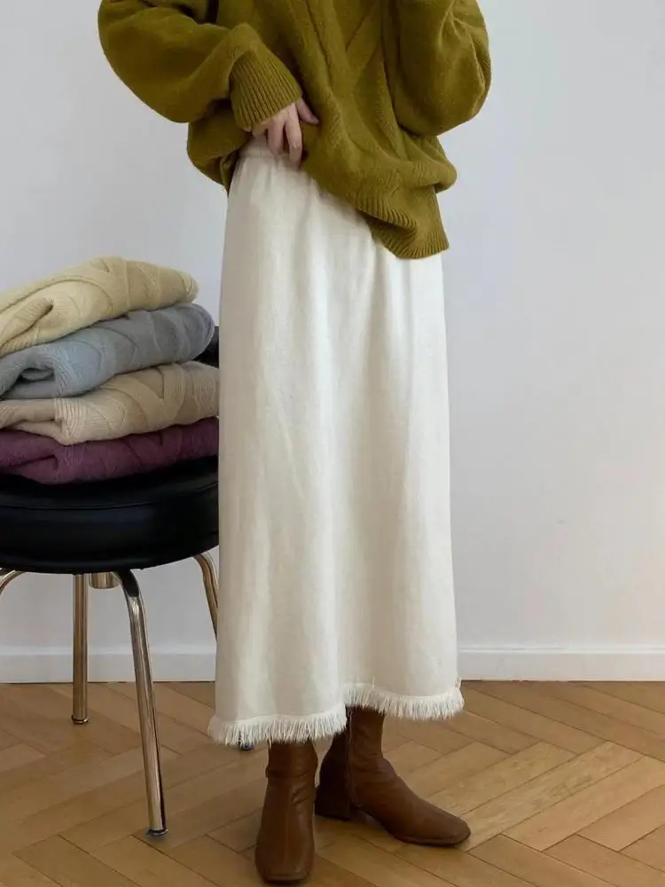 Herfst Winter Effen Kwastje Veelzijdige Gebreide Halve Rok Franse Retro Vrouwen Elegante Hoge Taille Vakantie A-lijn Lange Rok Populair