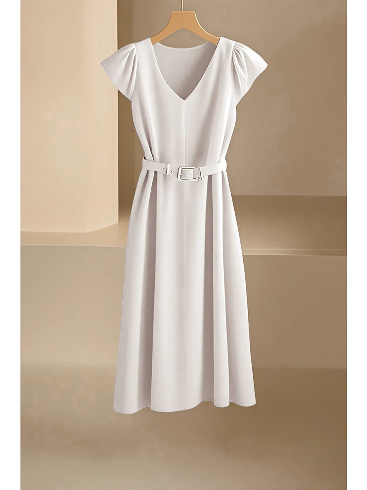 2024 Spring Summer Women's V-Neck Midi Dress Soft Stretch Office Casual Chic Solid Color No Belt Included
