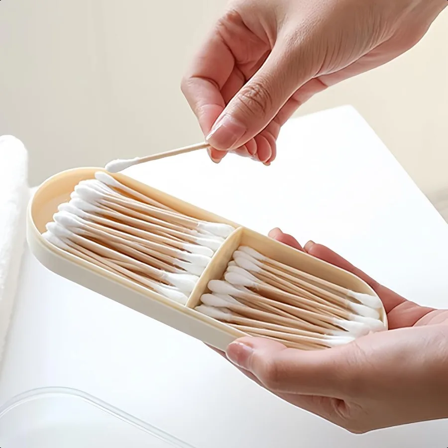 2 Pack Travel Cotton Swab Qtip HolderPlastic Container Dispenser Box with 2 Silicone Rubber Bands Portable Cotton Swab Makeup P