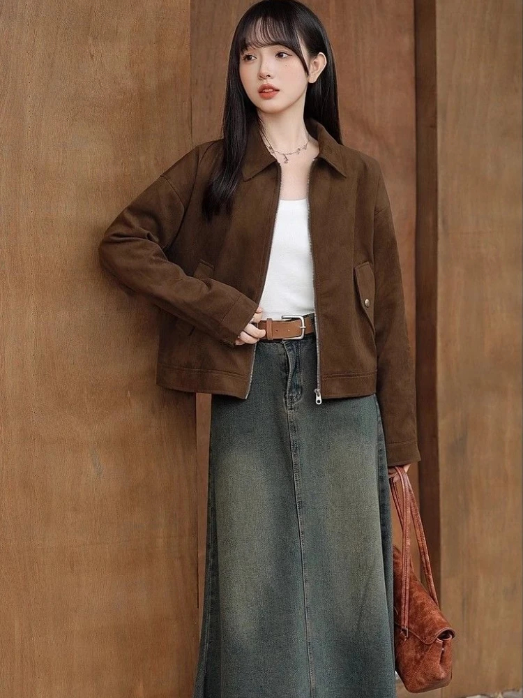 

​2025 Spring Short Jacket Lightweight Caramel Marron Retro Workwear Coat for Women