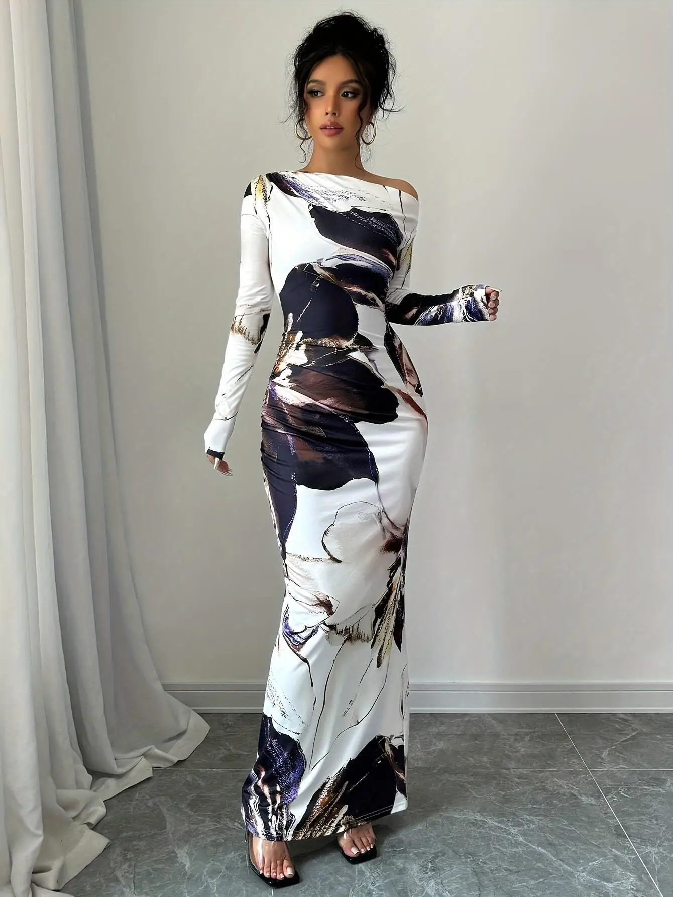 Gaun Motif Bunga Elegan untuk Wanita 2025 Musim Semi Musim Gugur Verstido Mujer Gaun Maxi Lengan Panjang Wanita Gaun Berlipat Slim-Fit