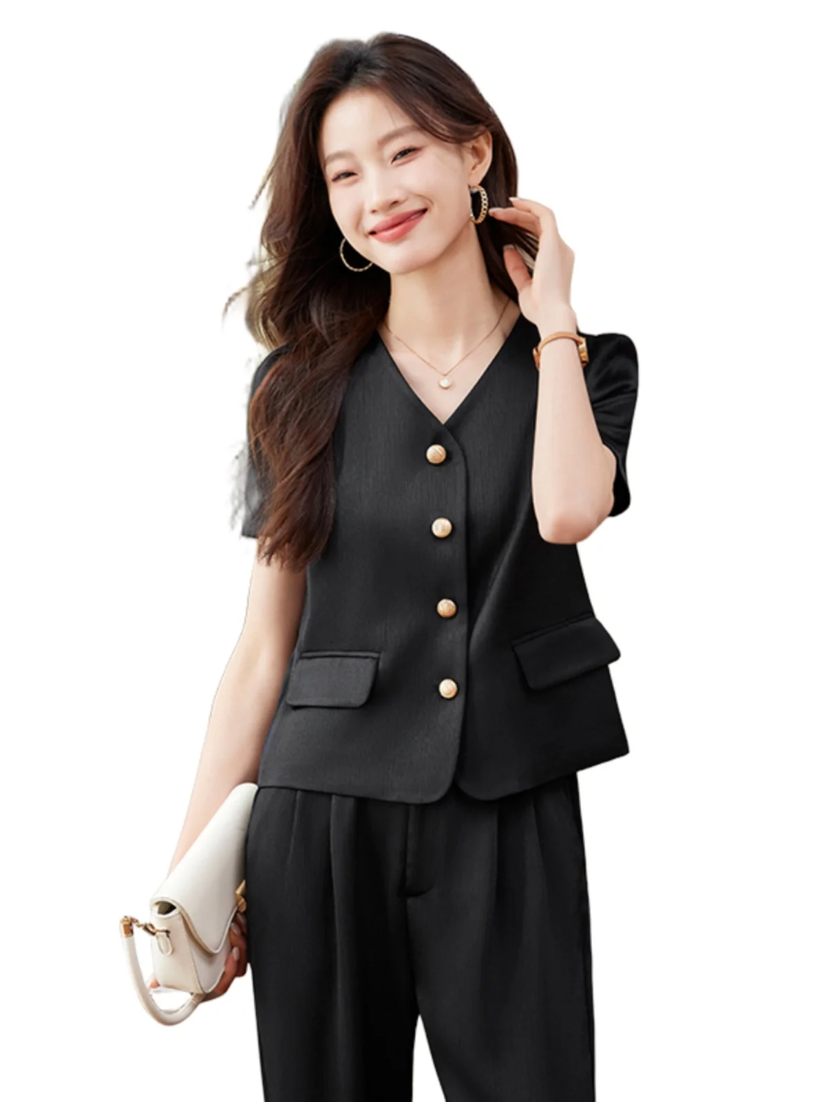 Pink Satin Short Sleeve Suit Jacket Women's Commute Style Slim Fit V-Neck Single Button Thin Spring Summer New Arrival
