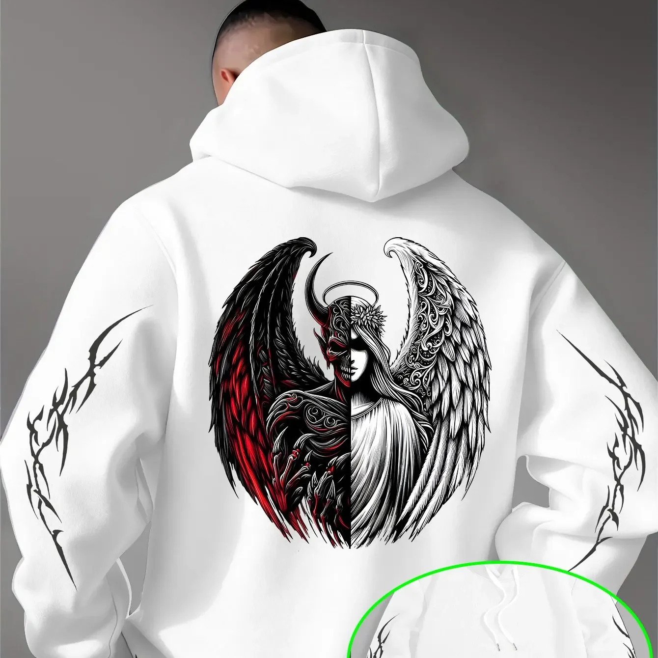Yin‑yang Demon Angel Portrait Back‑Print Hoodie Spiky Thorn Sleeve Design Y2K Dark Street‑style Oversized Long Sleeve Pullover