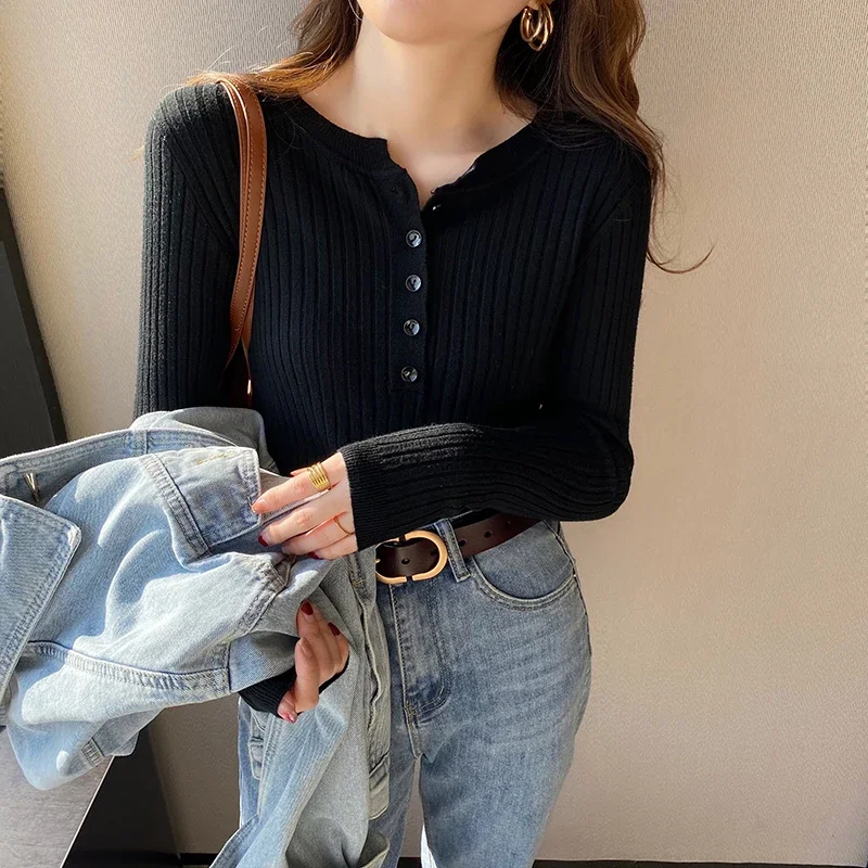 Sueter Feminino سترة محبوكة بأكمام طويلة بلوفرات نسائية موضة رقبة دائرية سترة بيضاء متماسكة بلوفر نسائي سترات Q714 #6