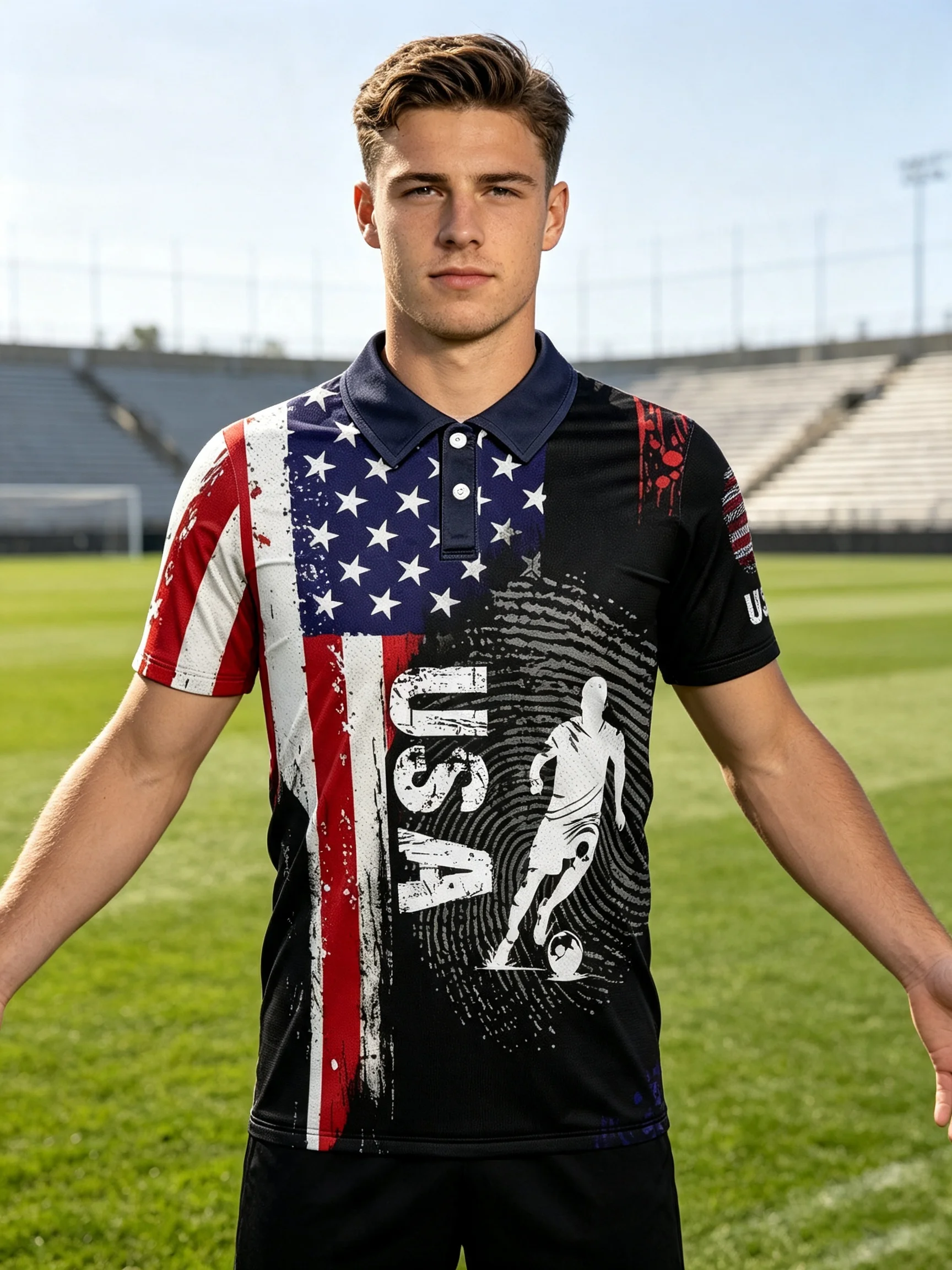 2026 American football polo shirt, featuring vintage American flag print and lightweight, quick drying sports fabric