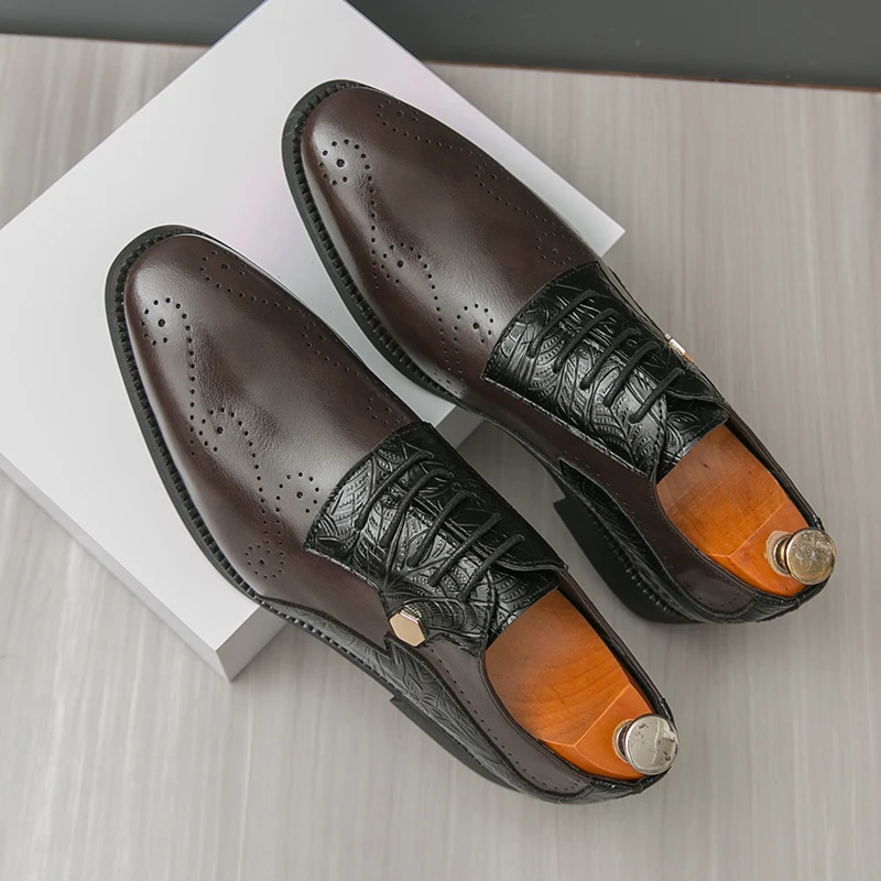 

Trendy Fashionable Men Formal Leather Shoes Brown Lace-up Business Office Brand Leather Shoes Wedding Banquet Shoes Sizes 38-46
