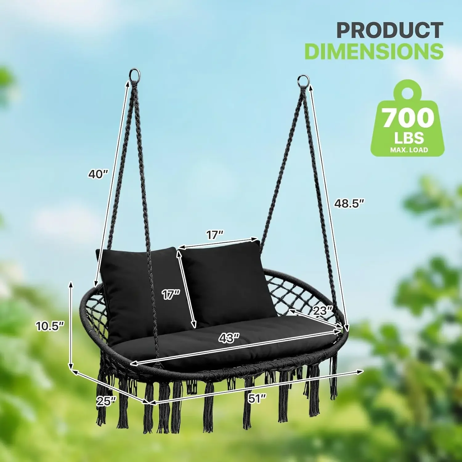 2-Person Macrame Hanging Hammock Swing Chair with Thick Cotton Cushions, 360° Pivot or Gentle Swing Style, Indoor Outdoor Boho Accent