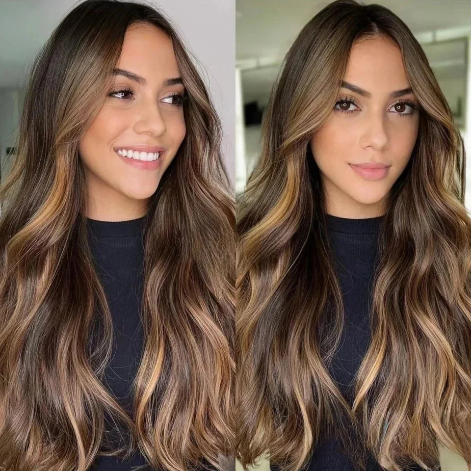 

Ombre Brown Blonde Body Wavy Cosplay Wig with Lace Frontal Highlight Synthetic Fringe Bangs Natural Look for Women