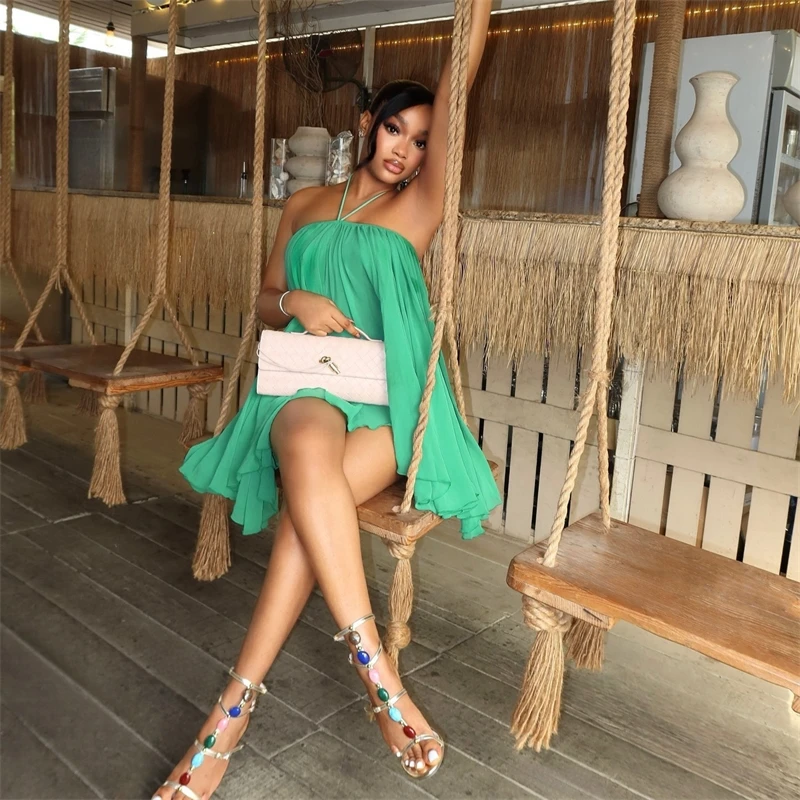 Vrouwen sexy halter hals strapless mini-jurk losse pasvorm O-vorm casual zomeroutfit mode 2025, nieuwe collectie