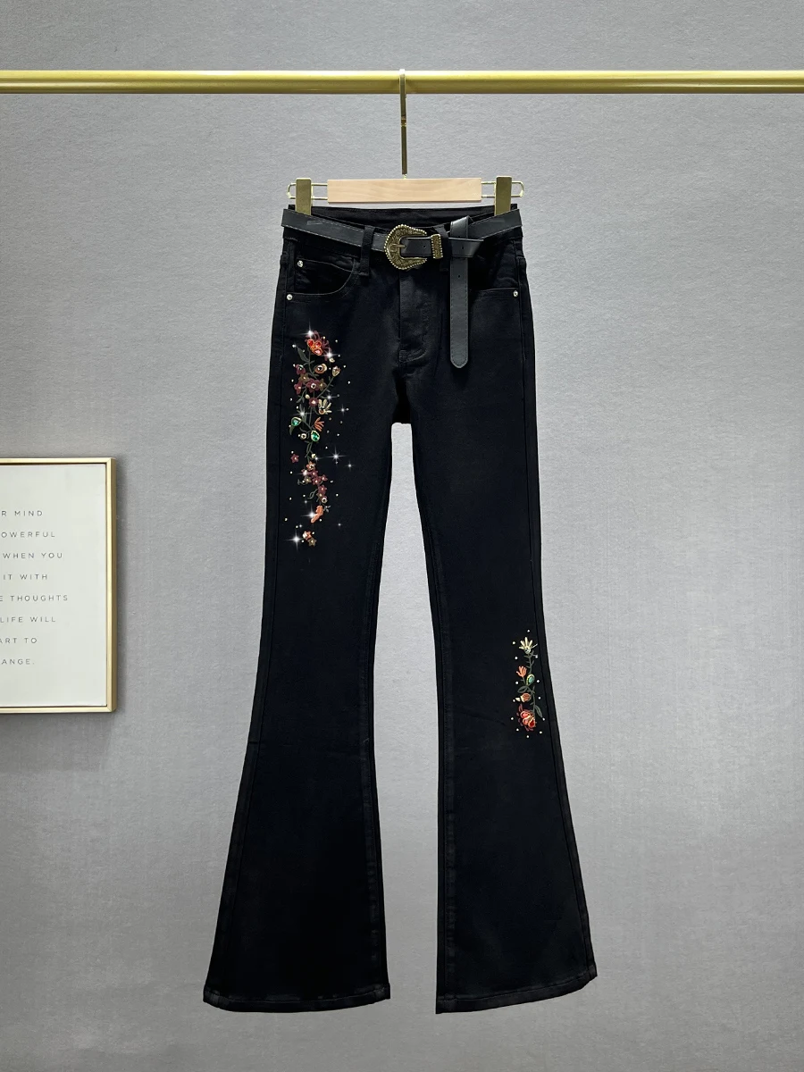 

Джинсы-клеш с вышивкой и высокой талией, женская мода 2023, новинка осени, облегающие, этнический стиль, с кружевом и стразами, из эластичного хлопкового денима