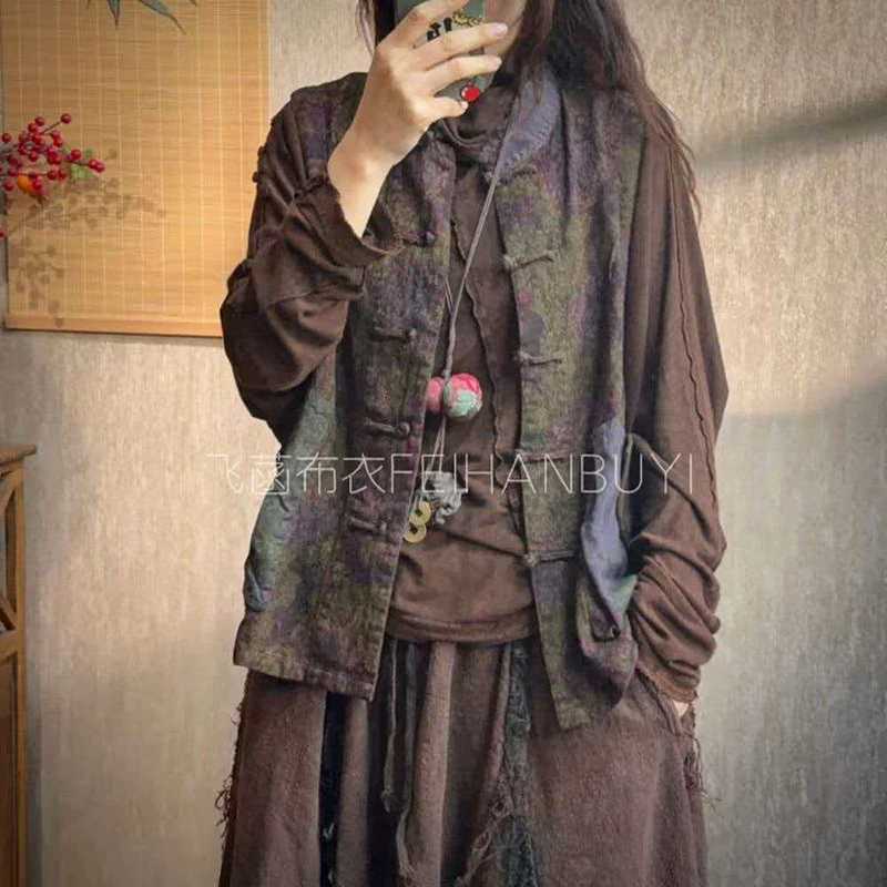 

New 2026 Spring Arts Style Women Sleeveless Single Breasted Vintage Coats Jacquard Cotton Linen Vintage Print Vest Top Quality