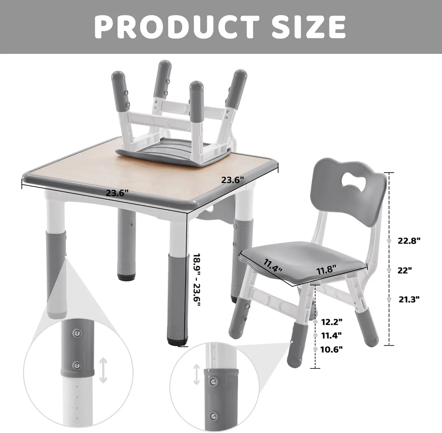 낙서 탁상용 키즈 테이블 및 의자 2 개 세트, 높이 조절 가능, 23.6 인치, L x 23.6 인치, W