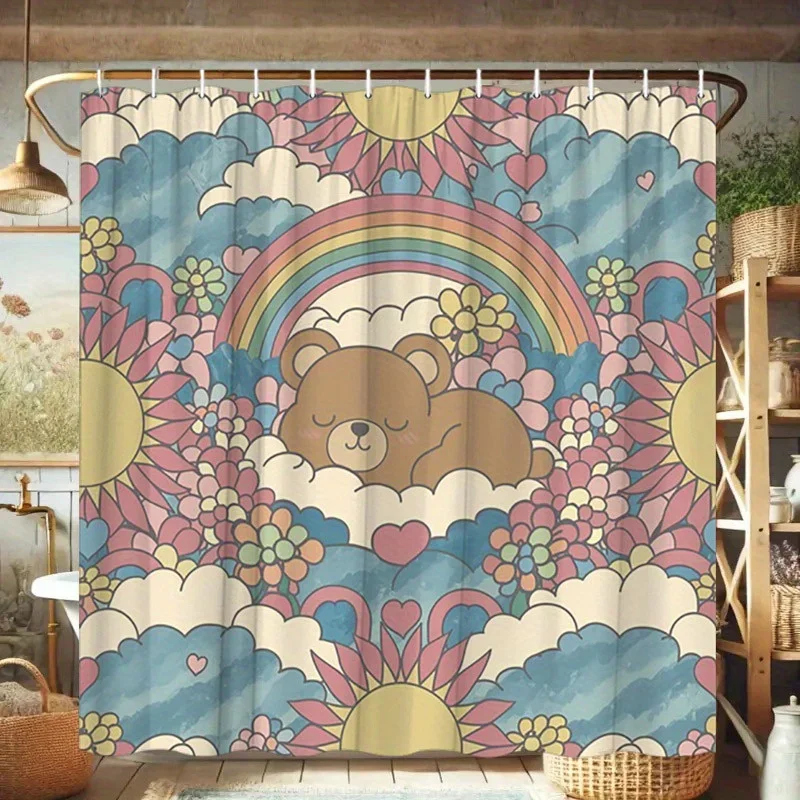 

Занавеска для душа «Милый медведь с радугой и цветами» — водостойкая, легко чистится, добавляет сладкий и красочный на ощупь.