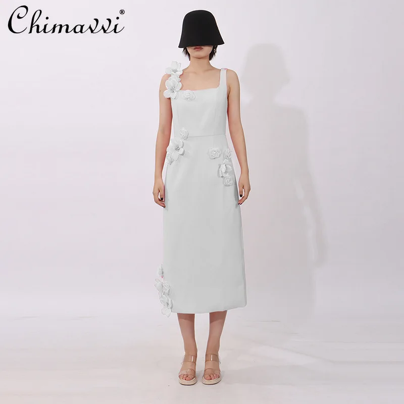 

French Elegant Temperament Socialite Square Neck Sleeveless 3D Floral High Waist Slim A-line Evening Long Dress Women Summer