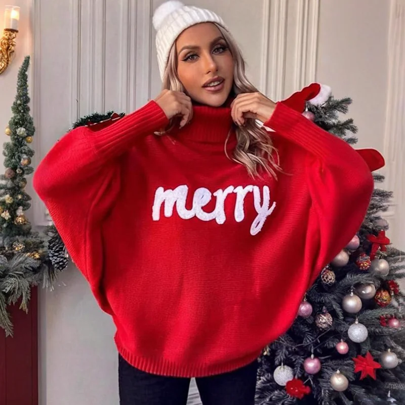 

Tornova 2025 New Christmas Turtleneck Sweater For Women Loose Bat Sleeve Outer Knitted Top Fashion Letter Print Female Sweater