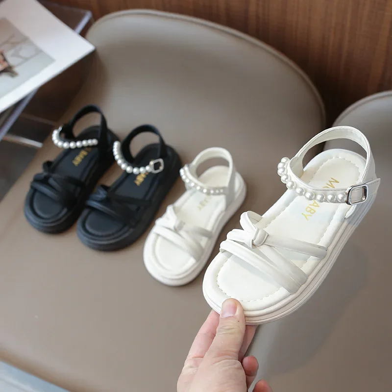 Children Sandals for Girls Fashion 2024 Summer New Elegant Beading Princess Sweet Bowtie Soft Sole Casual Roman Beach Shoes