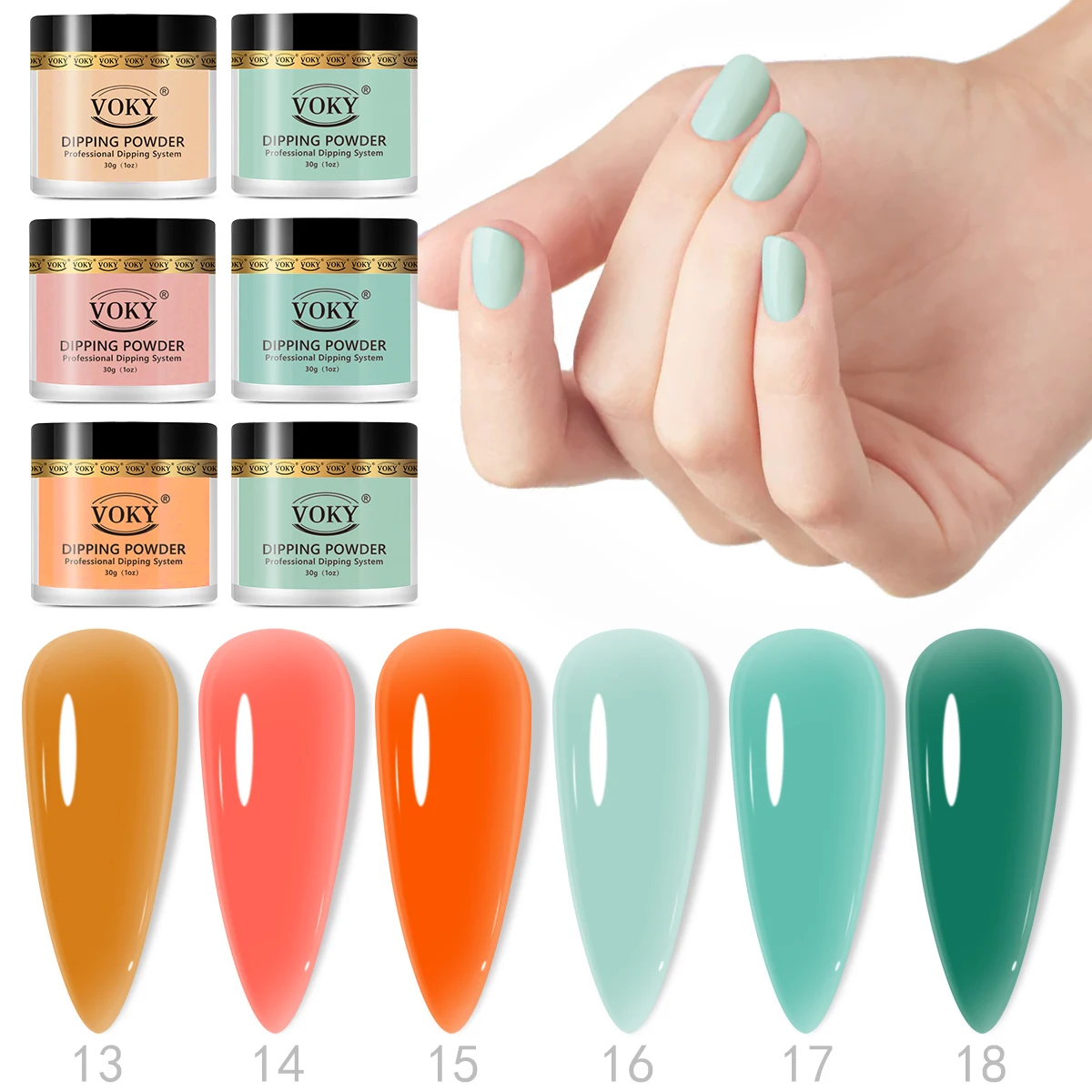 VOKY-Poudre à ongles acrylique longue durée, durcissement sans lampe, végétarien, finition haute brillance, renforce les ongles, 180g, 6 pièces