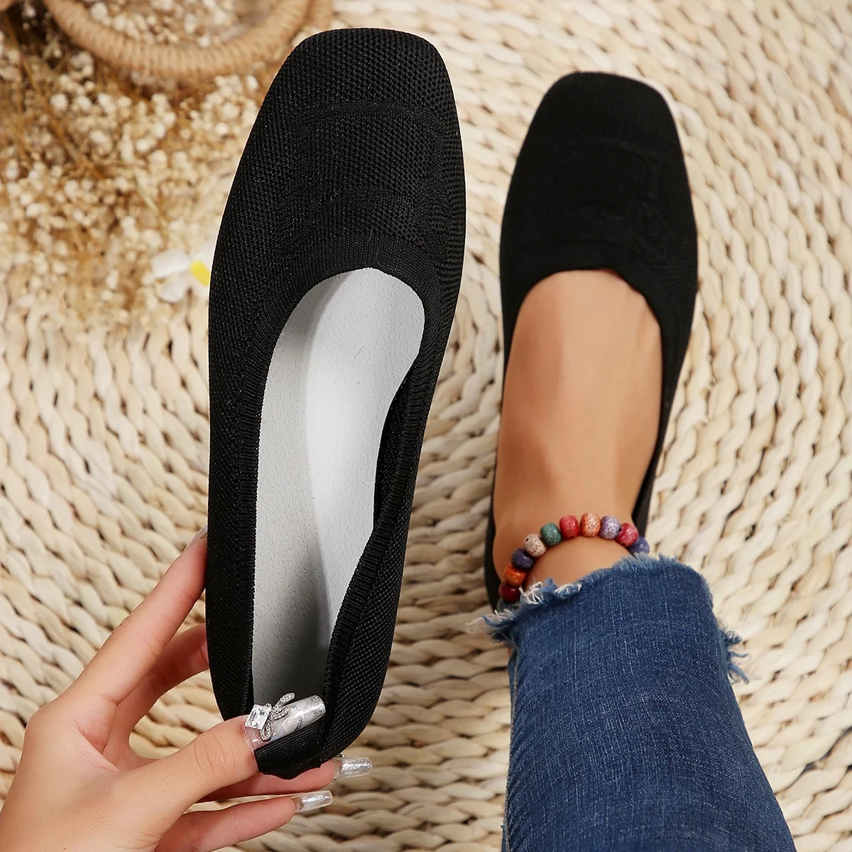 Women Flat Shoes Solid Color Knitted Slip on Shoes Casual Breathable Ballet Soft Loafers Shoes for Women Flats Zapatos De Mujer