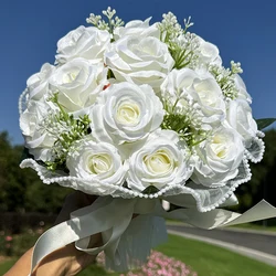 Bouquet da sposa a cascata con fiori artificiali 1 pezzo per cerimonia di matrimonio, anniversario, bouquet con fiocco rifinito di perle, fiori artificiali