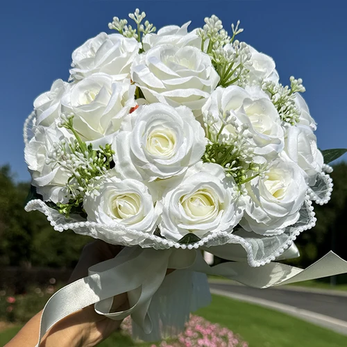 Imagen 1 del producto 1 ramo de novia en cascada de flores artificiales para aniversario de ceremonia de boda, ramo de lazo recortado con perlas, flores artificiales