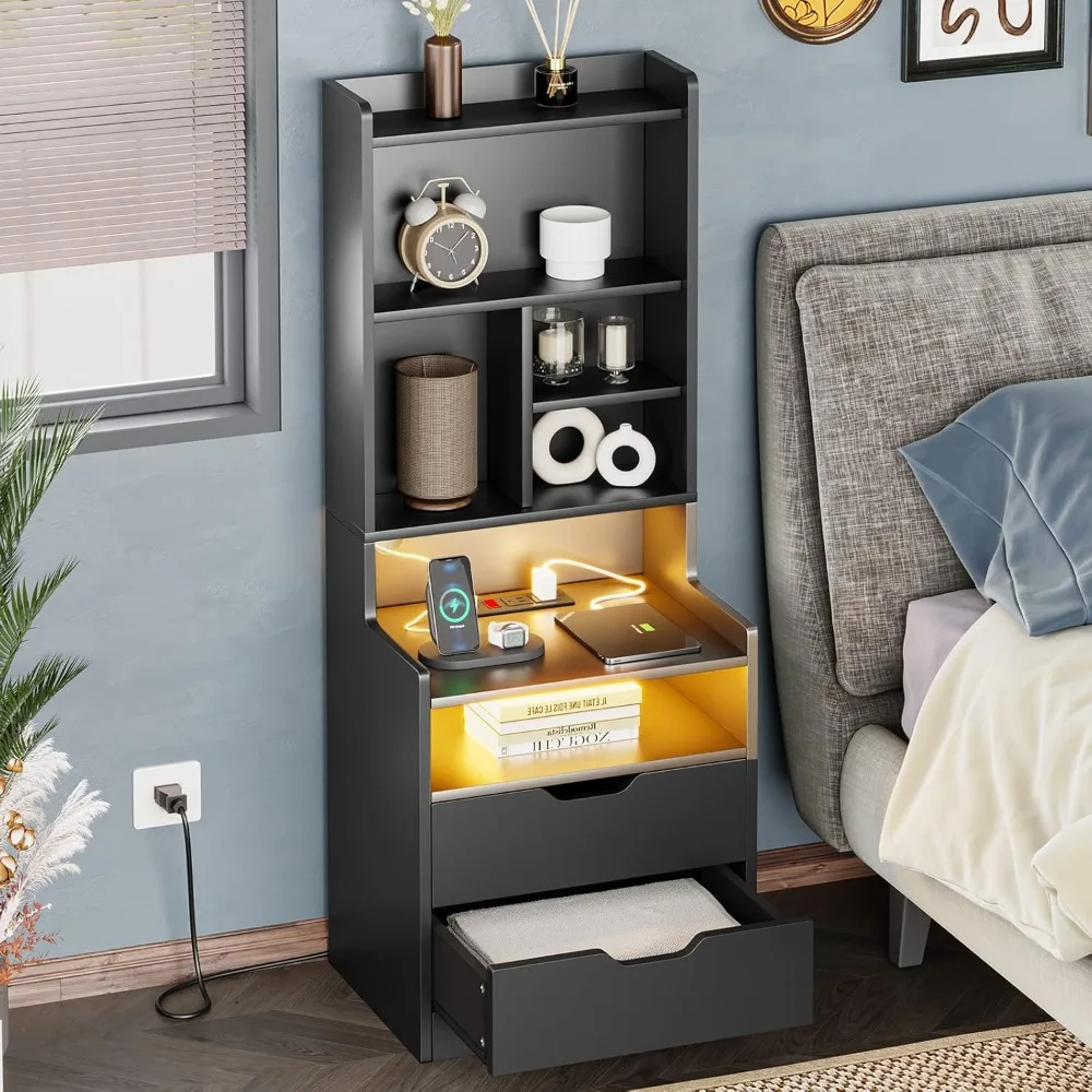 Tall Night Stand with Charging Station and LED Lights,Nightstand with Bookshelf,Bedside Table with Drawers & Power Outlets