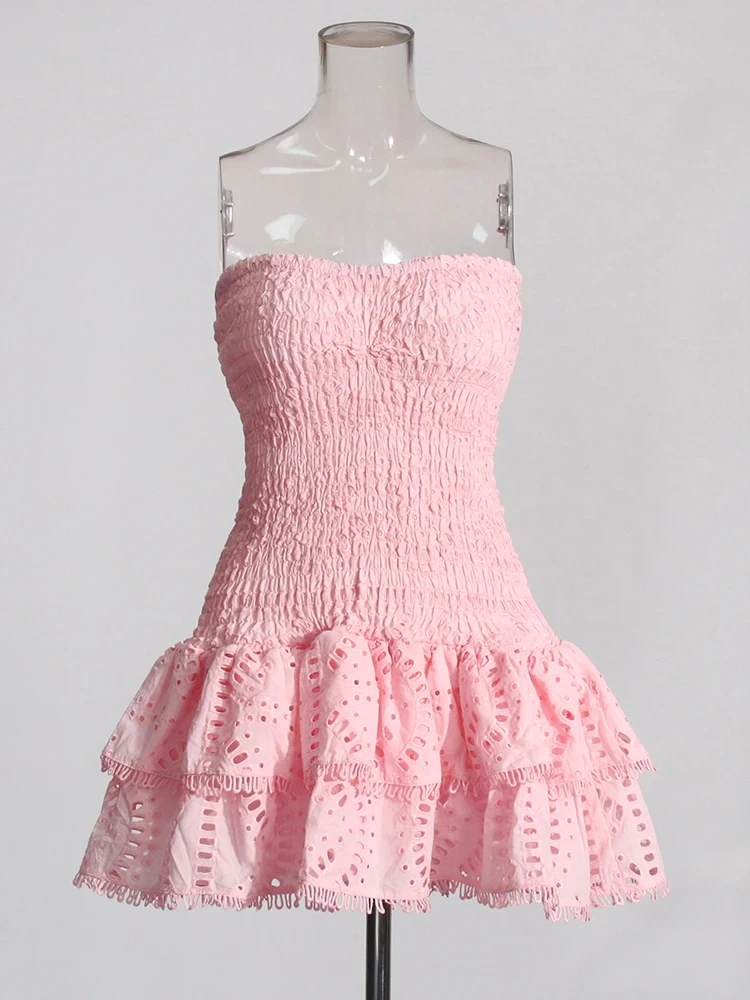 Temperament Patchwork Ruffles Dresses For Women Strapless Sleeveless High Waist Solid Folds Summer Mini Dress Female New