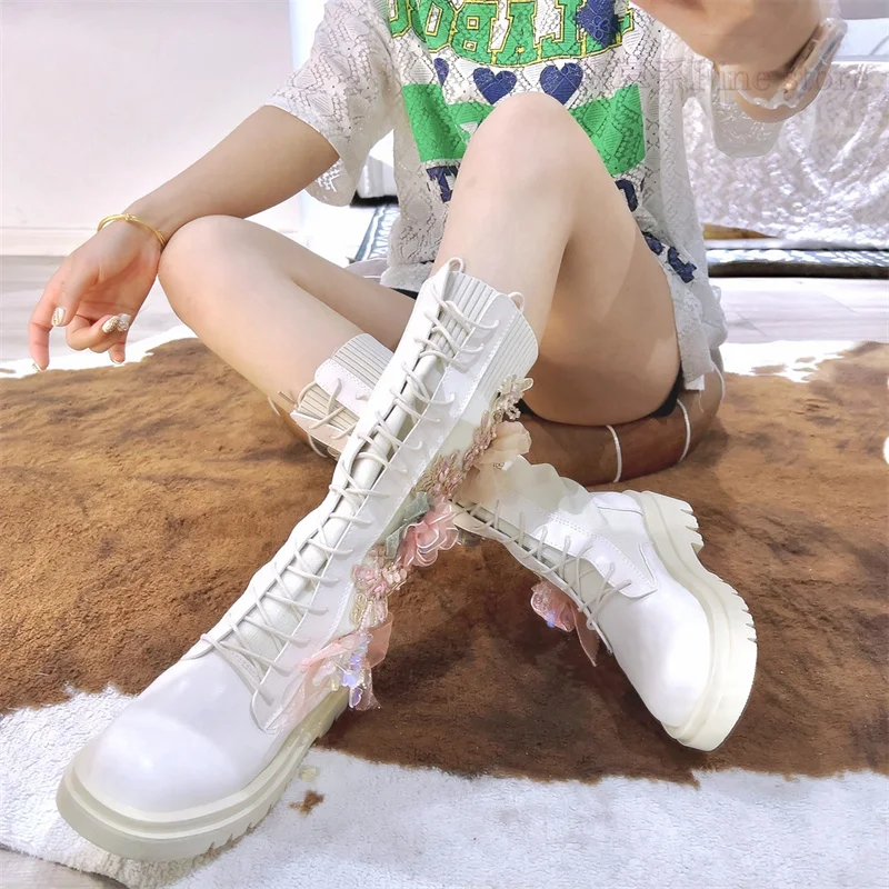 Sweet 3D Floral Sequins Bling Women White Platform Long Sock Boots Strecth Fabric Female Fashion Lace Up Mid-Calf Martin Shoes