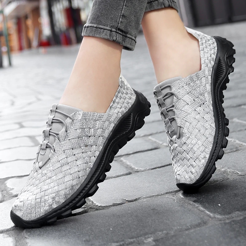 

Fashion Women Flat Sneaker Shoes Elastic Band Weave Shoe Soft Sole Fisherman Shoes Woman Color Block Lattice Loafers