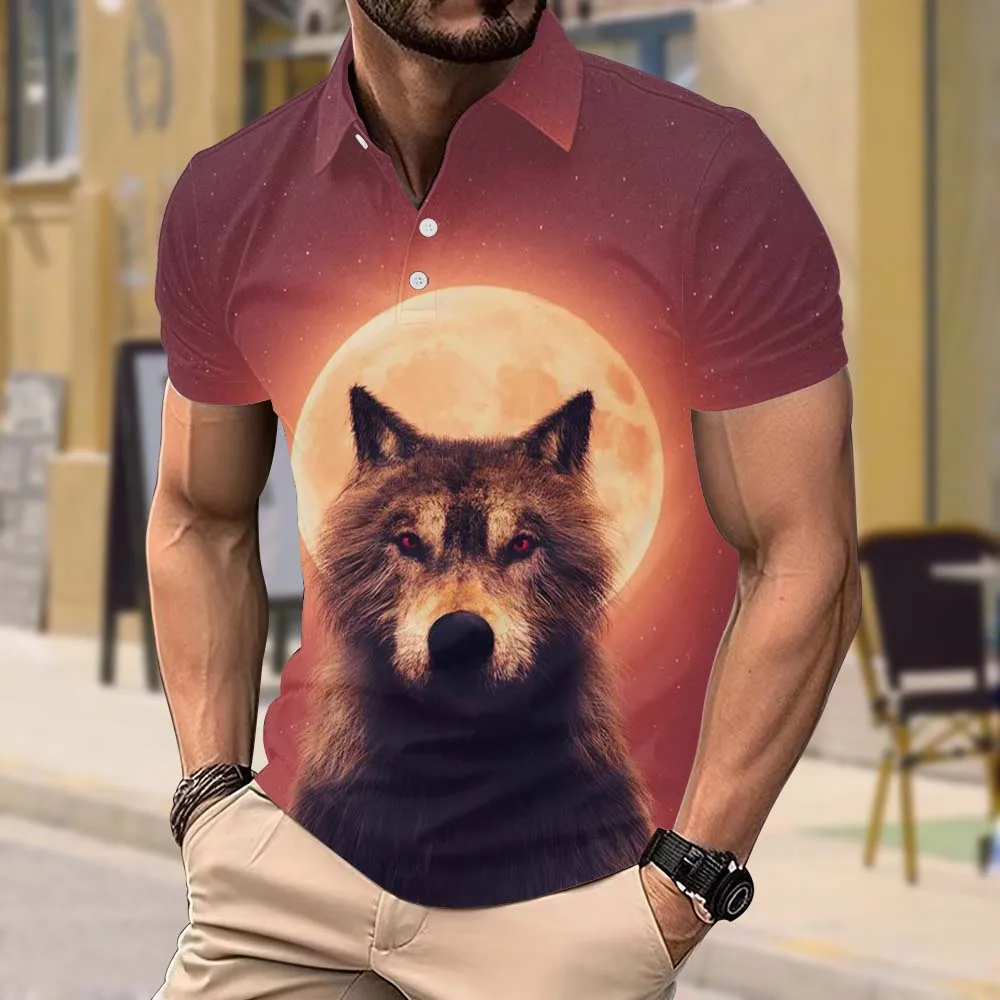 3D Animal Wolf Printed Men's POLO Shirt Outdoor Sports Golf Breathable POLO Shirt Summer Casual Polyester Lapel Short Sleeve Top