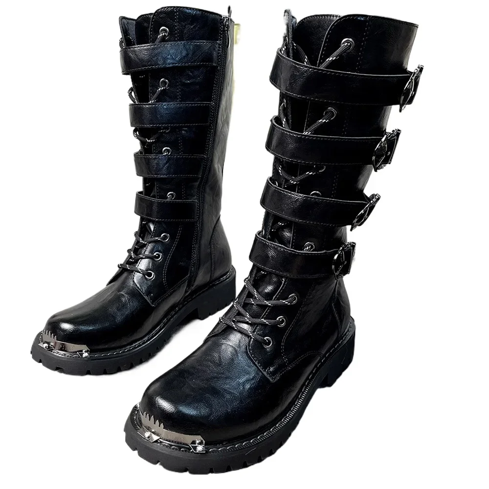 Punk Metal Decor Belt Buckle Mid-calf Gothic Long Boots for Men Round Toe Lace Up Thick Soled Knight Boots Winter Outdoor Shoes