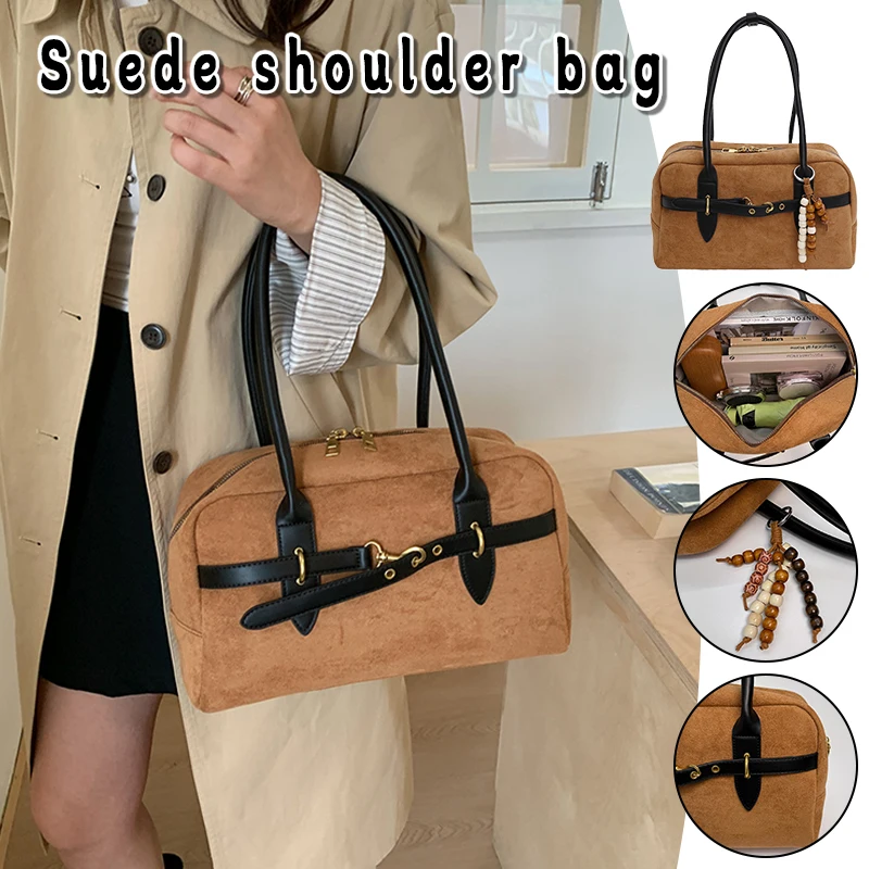 レディース-大容量-スエード-ショルダー-トートバッグ-スタイリッシュ-秋冬-ボウリングバッグ-仕事、旅行、日常使い-アウトドア用