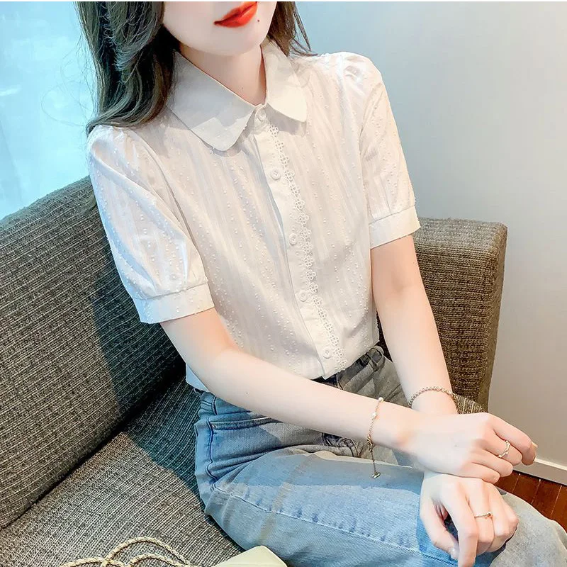 2024 New Summer Office Lady Loose Casual Retro Korean Style Women\'s Shirt 100%cotton Lace Splicing V Neck Short Sleeve Chic Tops