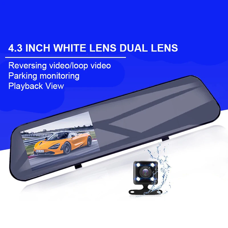 4.3-Inch Car Rearview Mirror Dash Cam Dual Lens DVR with 24-Hour Monitoring