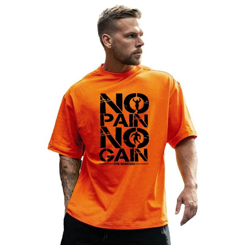 NO PAIN NO GAIN Oversized T Shirt Men Gym Clothing Bodybuilding Fitness Loose Half Sleeve T-shirt Male Streetwear Hip-Hop Tshirt