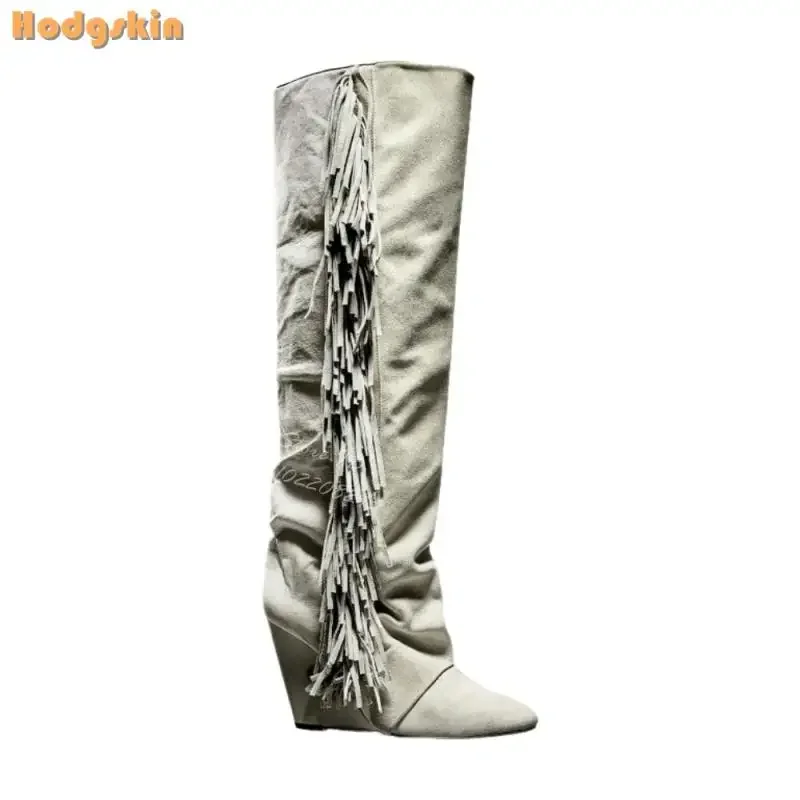 Retro Fransen Mitte der wade Stiefel Solide Runde Kappe Keil Heels Plattform Kniehohe Schuhe 2025, Herbst Frauen Neue Mode cowboy Stiefel