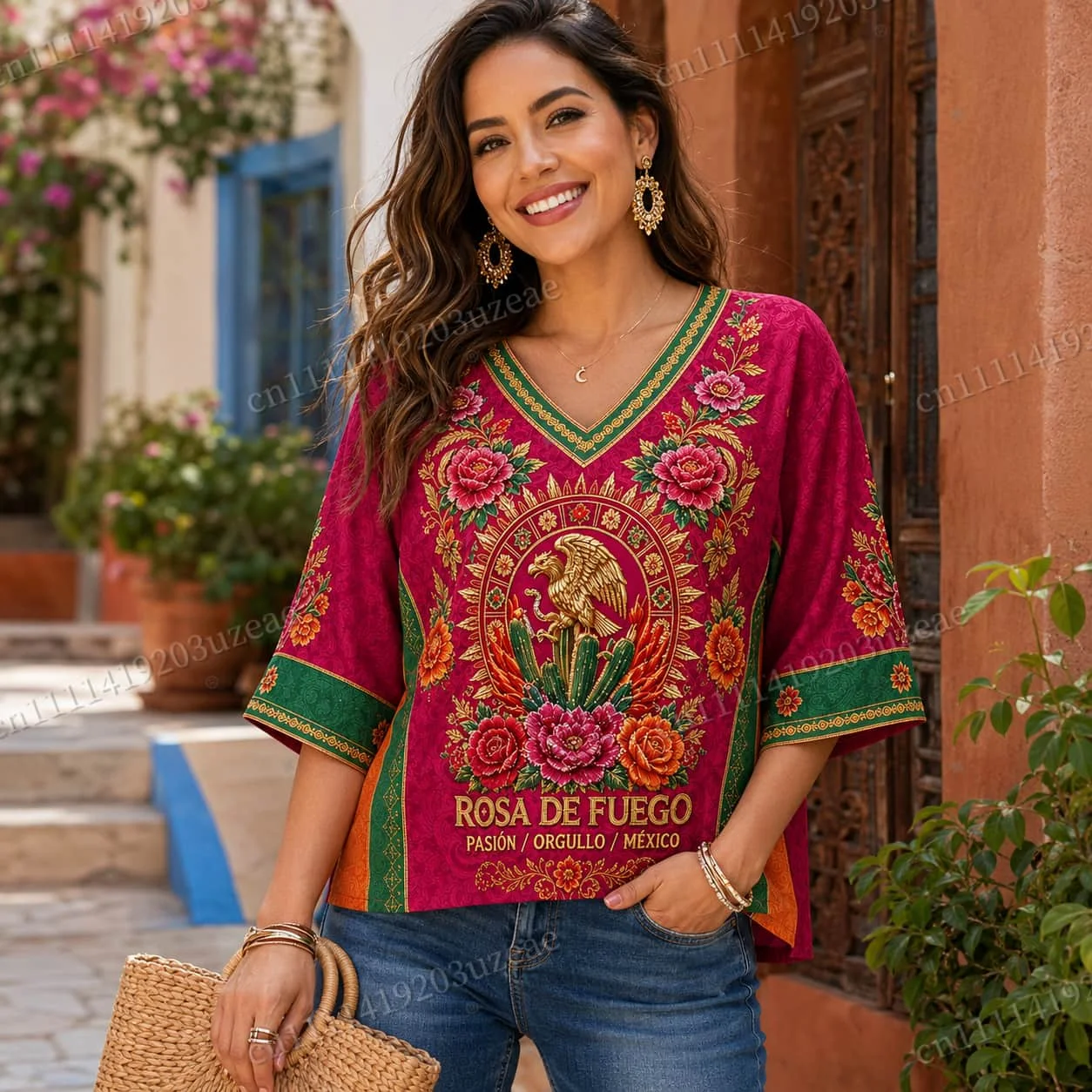 Damen-T-Shirt „Mexican Rosa De Fuego“ mit V-Ausschnitt, kurzen Ärmeln, Adler-Kaktus-Blumenmuster, Boho-Stil, locker geschnitten, lässiges Sommer-Top – Detail 3
