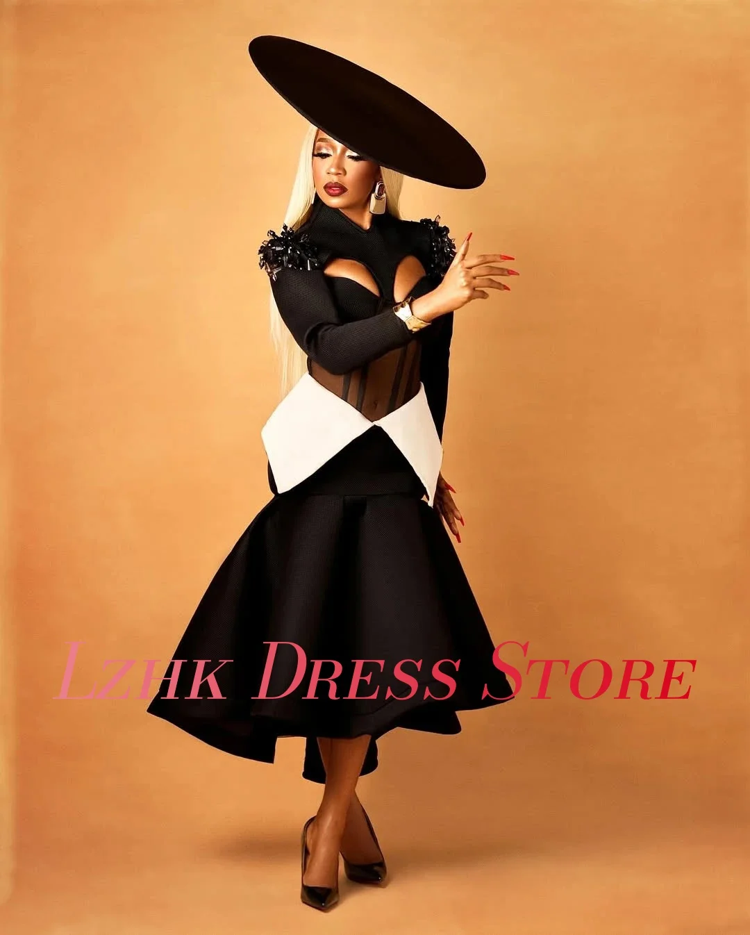 Maßgeschneidertes, exquisites Jersey-Meerjungfrau-Applikationen-Pailletten-Abendkleid, modisch, lange Ärmel, hoher Kragen, knöchellange Ballkleider