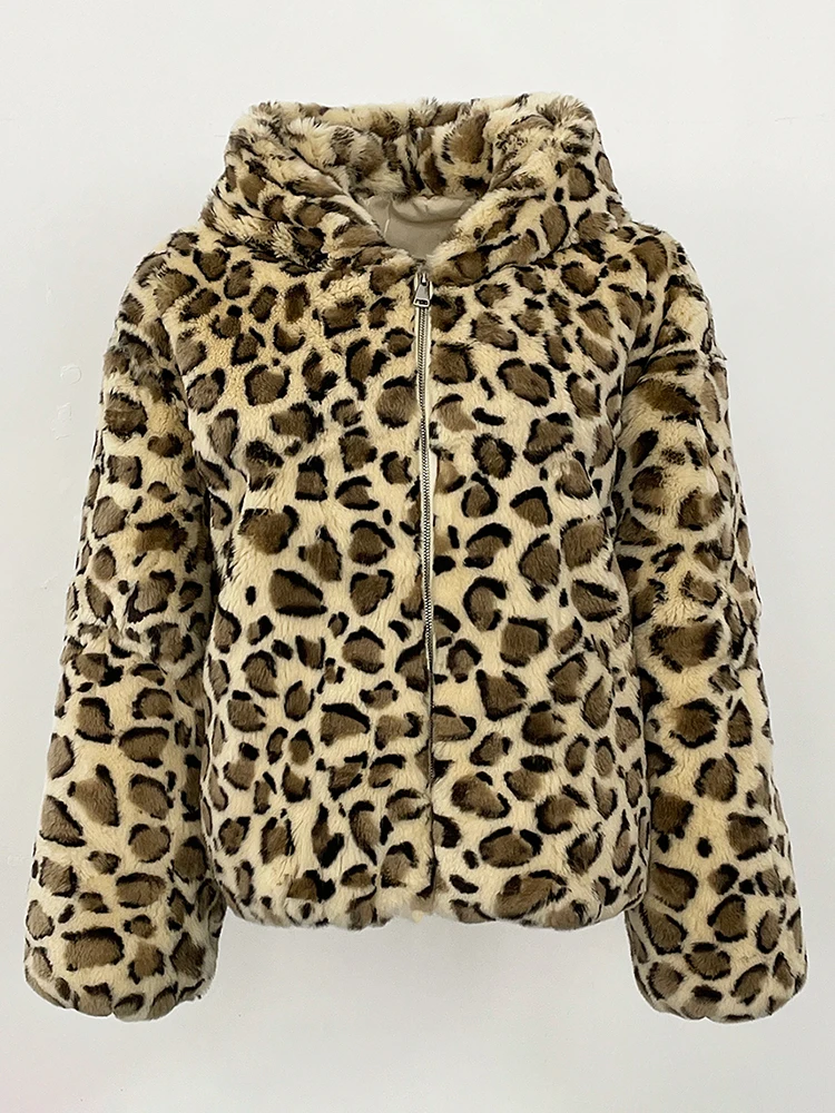 

2025 New Winter Clothing Women Short Hooded Zipper Real Fur Coat Natural Rabbit Fur Jacket Female Fashion Leopard Clothes