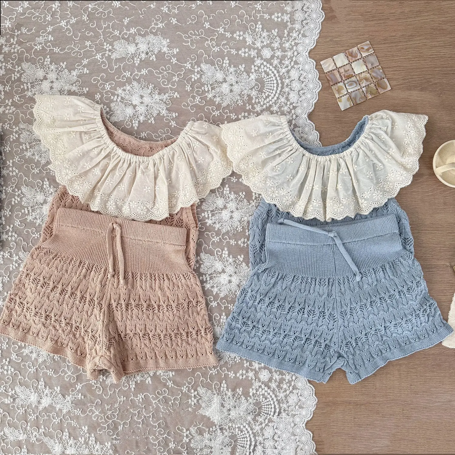 Baby Knitted Clothes 2025 Summer Girls Hollow Knit Vest Cotton Lotus Leaf Embroidered Lace Vest or Short Pant