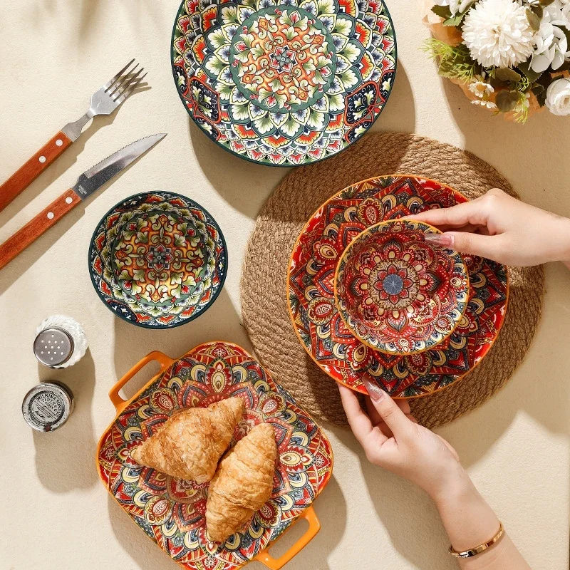 Bohemian Ceramic Rice Bowl Plate Set Vintage Single Tableware For Breakfast Dessert Home Table Rustic Boho Gift For Women