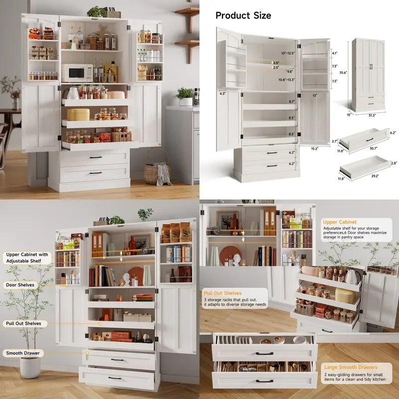 for 6 Door Kitchen Pantry Cabinet Storage with Shelves 71 Inch Tall Farmhouse Freestanding Pantry for Kitchen