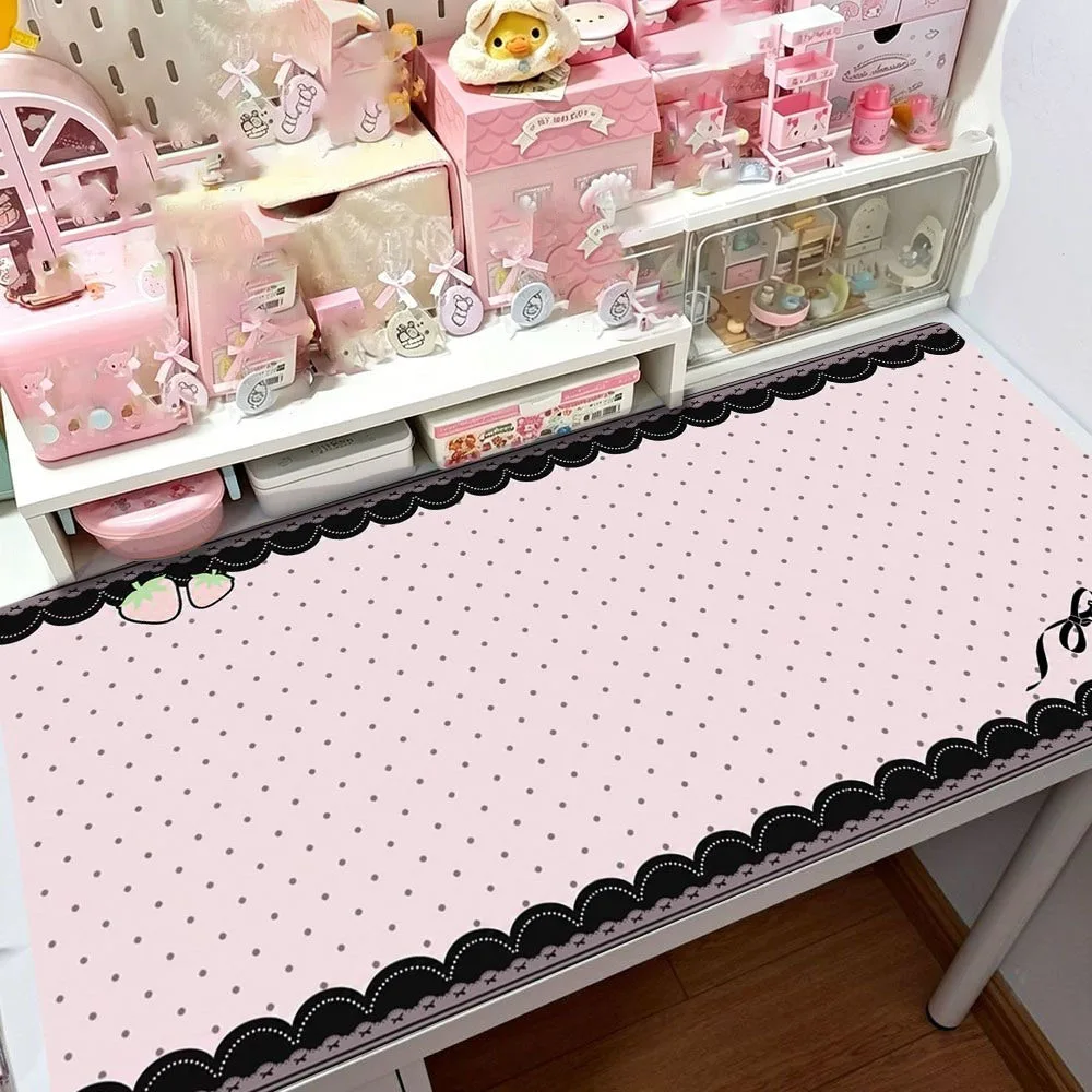 Leather Desk Pad Protector Pink Polka Dots Y2K Lace Strawberry Mouse Pad Office Desk Mat Oilproof Non-Slip PU Desk Blotter Pad