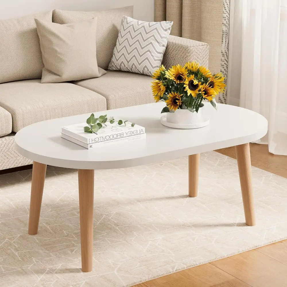 

23.6 Oval Solid Wood Legs Coffee Table, Small Side Table for Living Room, Storage & Office, White