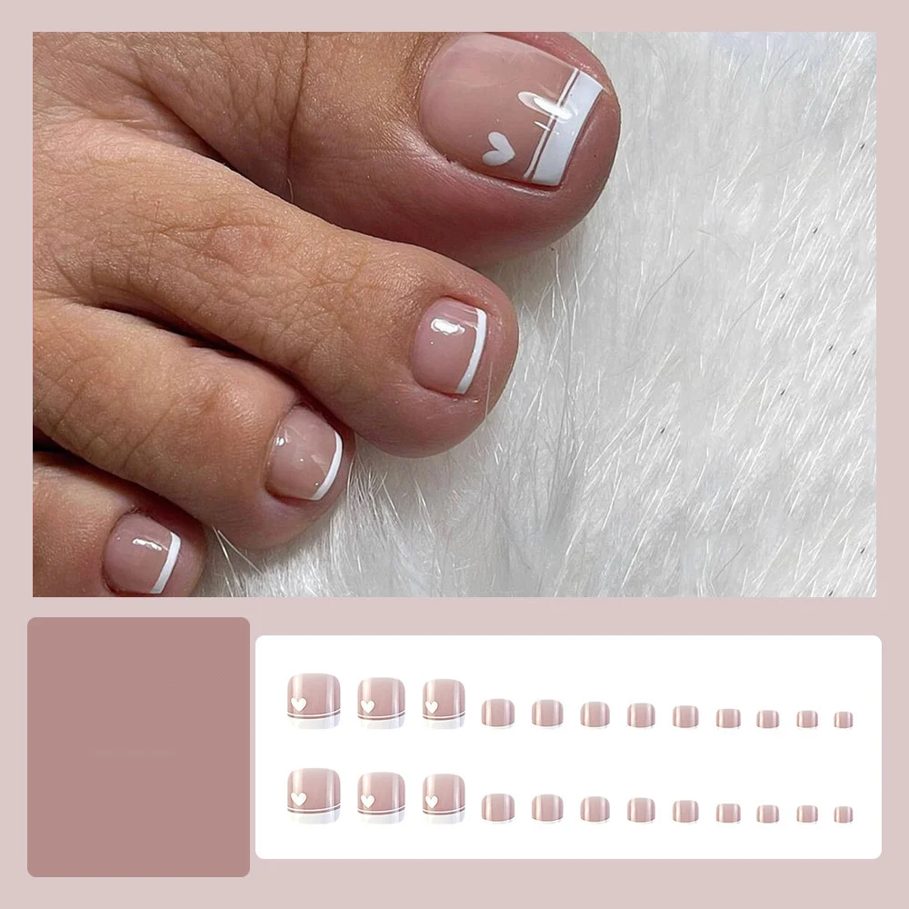 Fashion Love Heart Fake Toenails With Designs White Fringe False Toe Nails Set Press on Nails French Short Square Pedicure